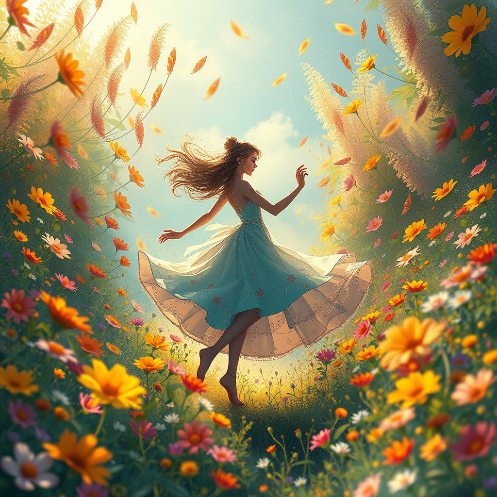 Whimsical Maiden Dancing in Lush Flower Garden