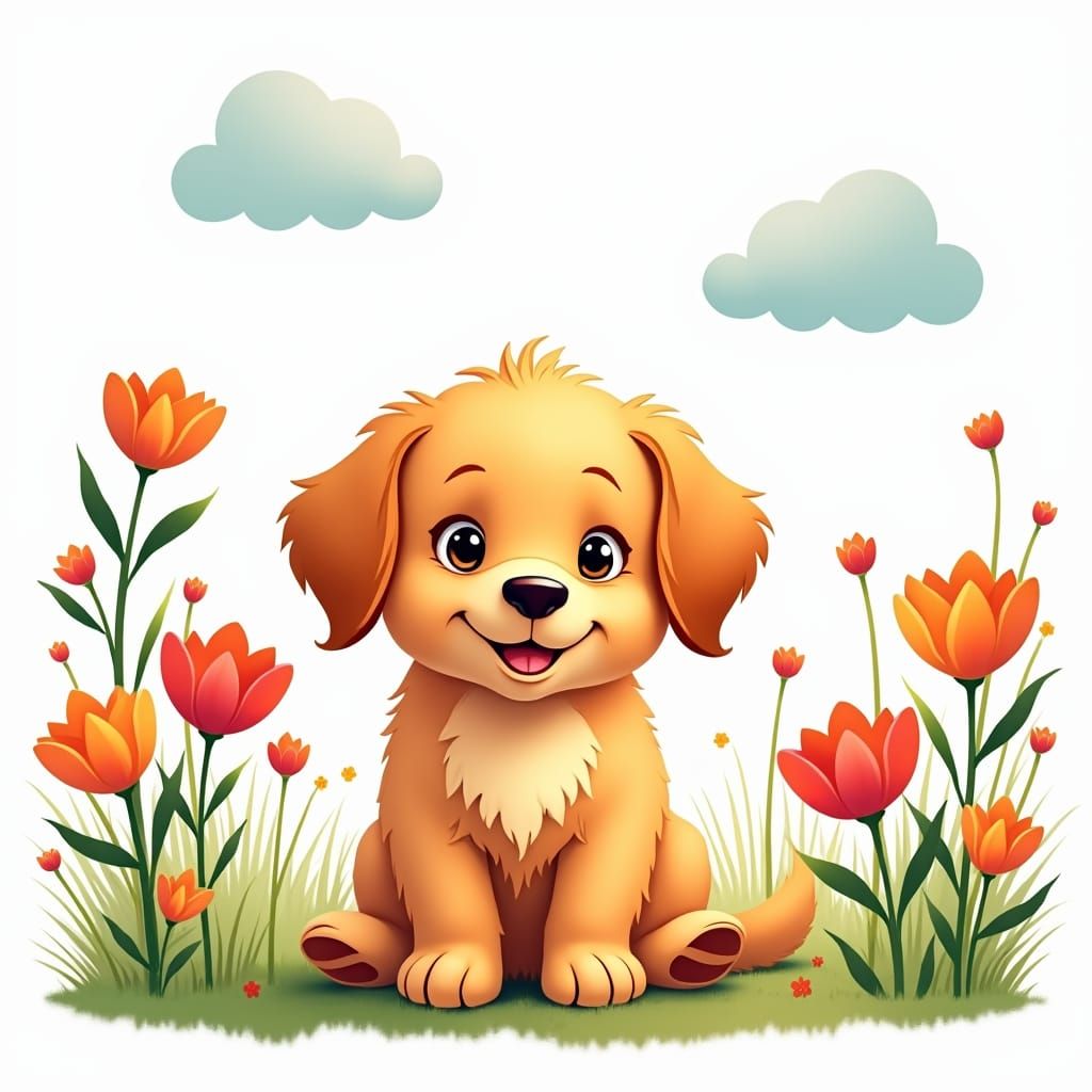 Playful Golden Retriever Puppy in Whimsical Garden