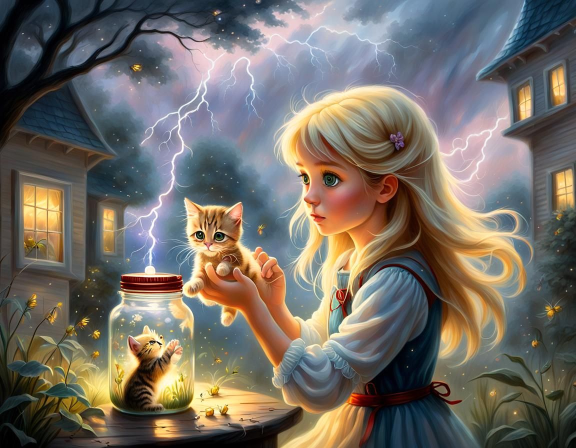Girl and Kitten Catching Fireflies as Oil Painting