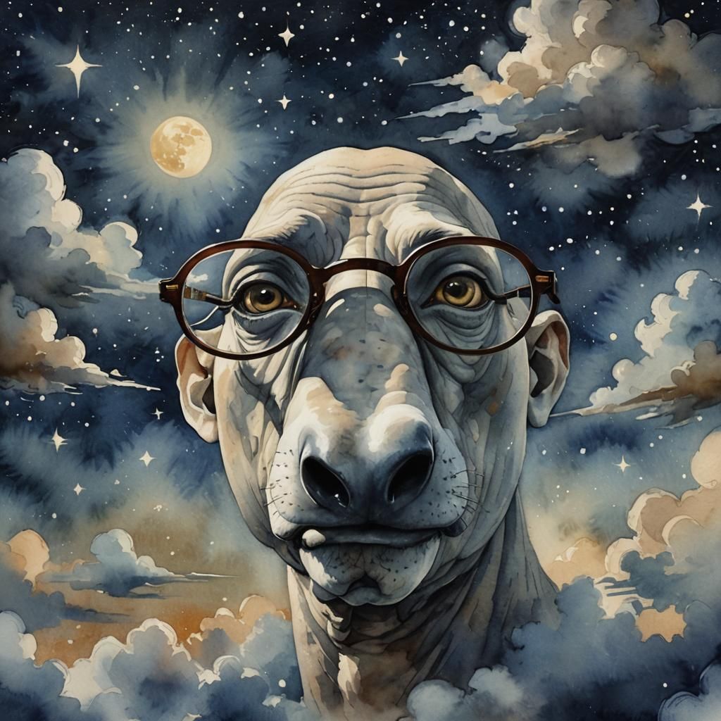 Giant Nose Soaring Through Starry Night in Watercolor