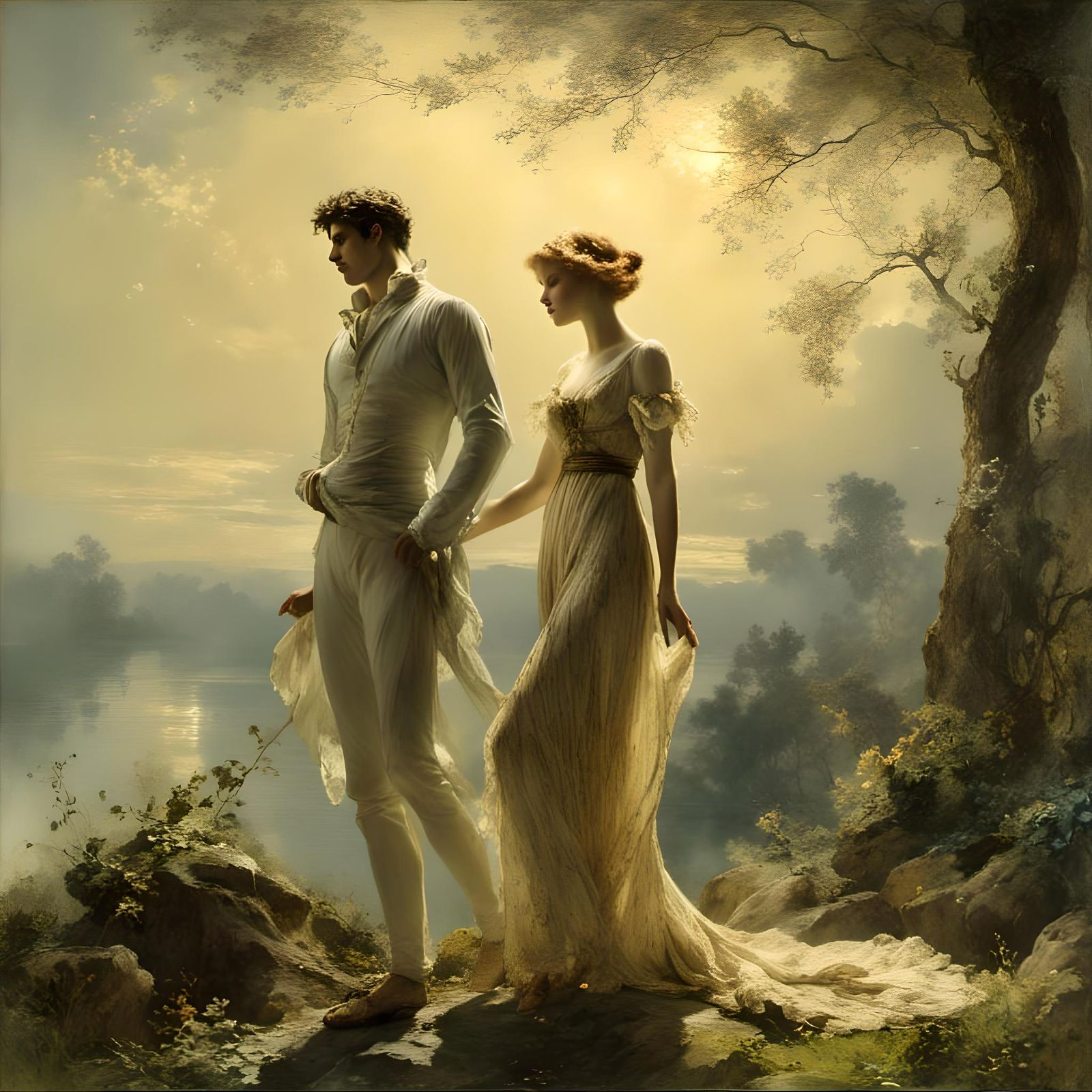 Verdant Landscape with Couple in Golden Hour