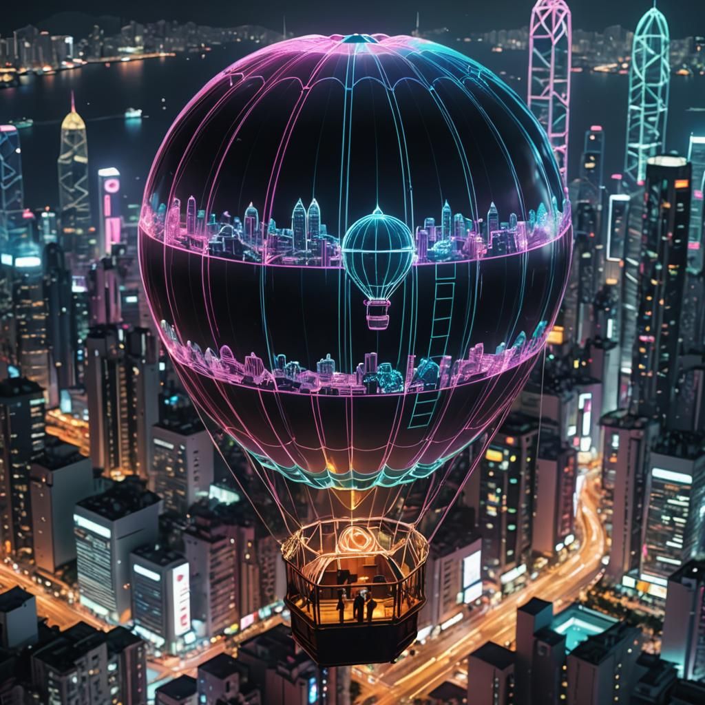 Holographic Air Balloon in Hong Kong Night: Cyberpunk Synthw...