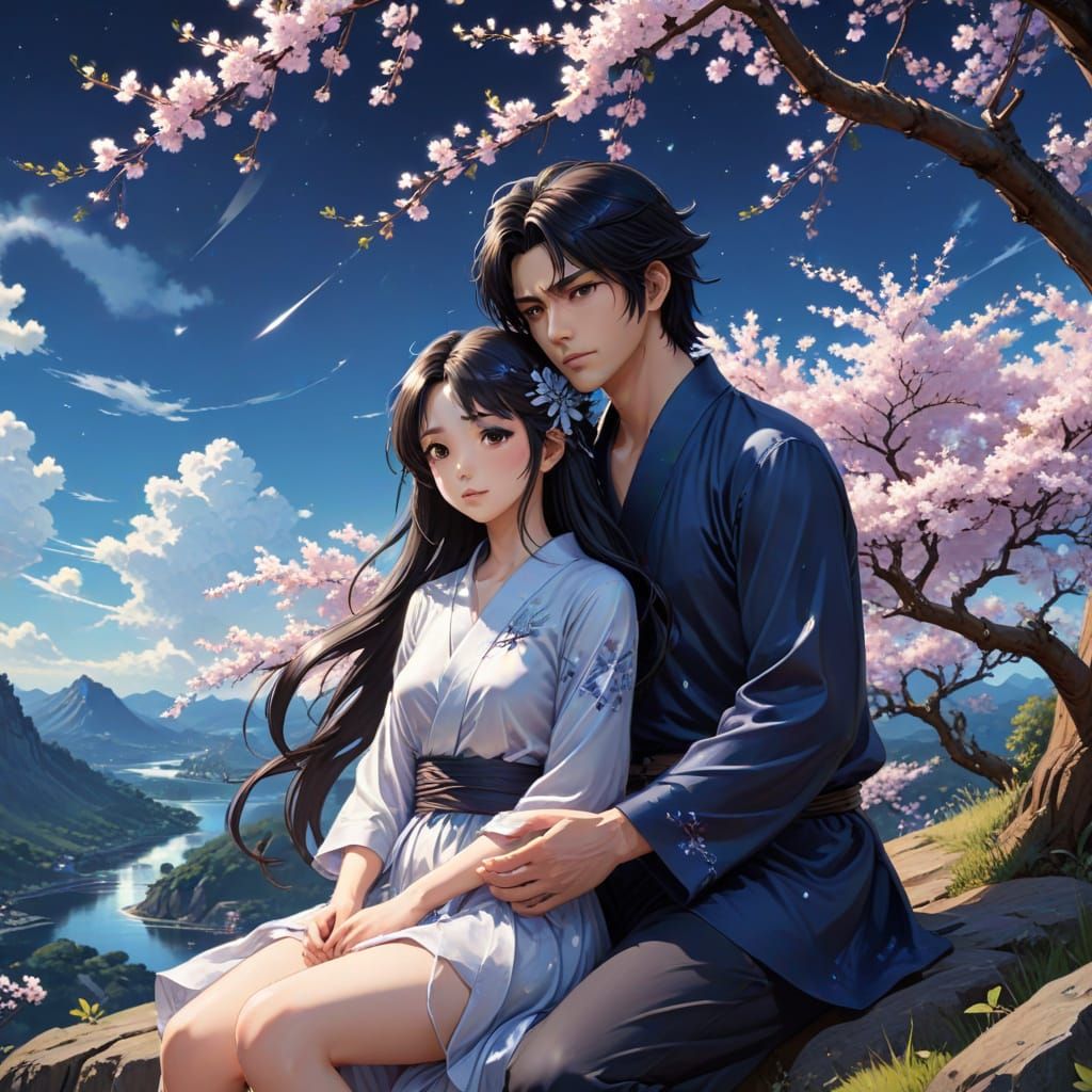 Anime Couple on Cliff Under Cherry Blossoms