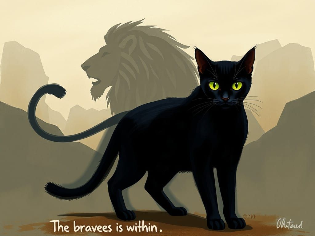 Whimsical Lion Emerges from Cat Shadow in Dreamlike Scene