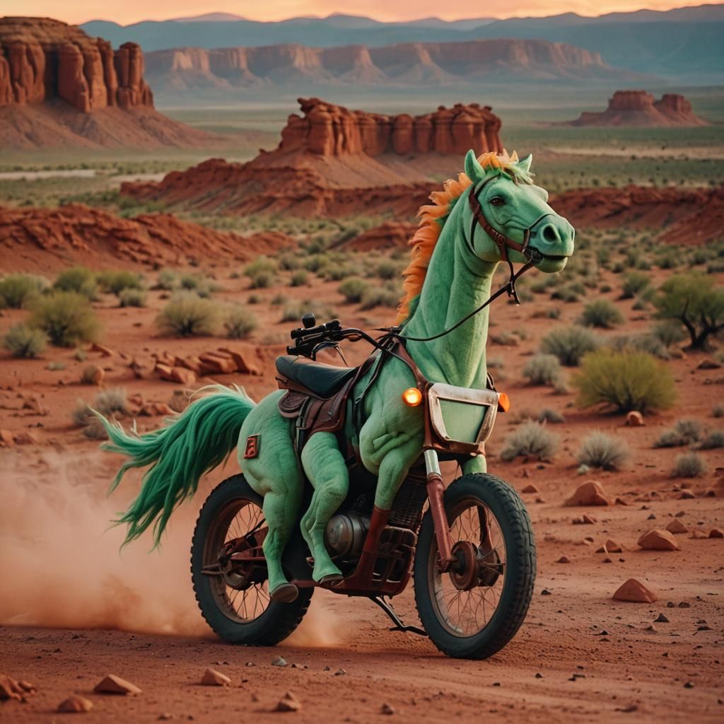 Green Plush Horse Rides Bike in Fiery Wasteland