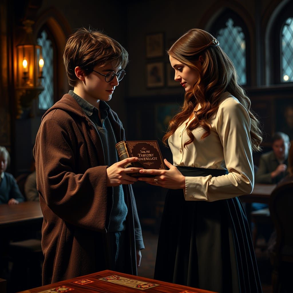 Harry and Hermione study the book "New Theory of Numerology".
