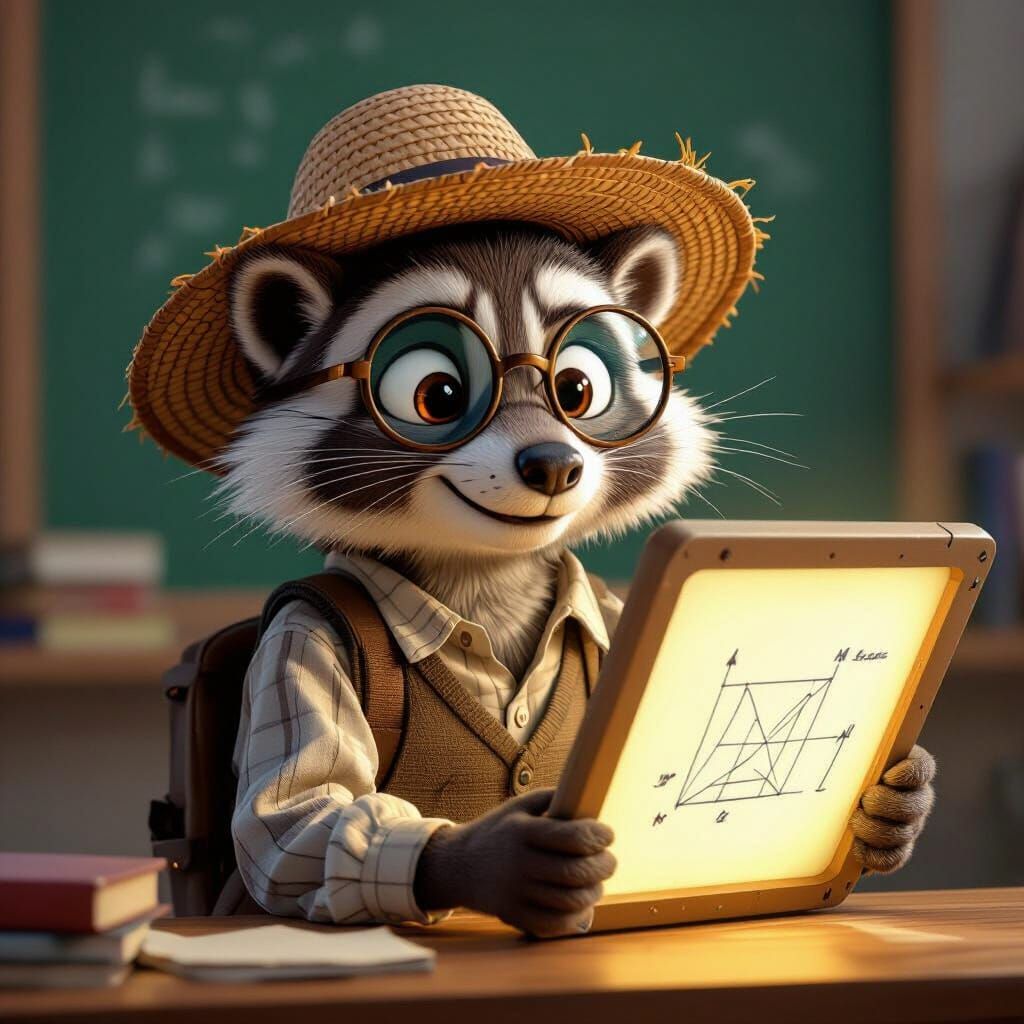 Raccoon Student with Glasses Uses Smart Board in Digital Art...