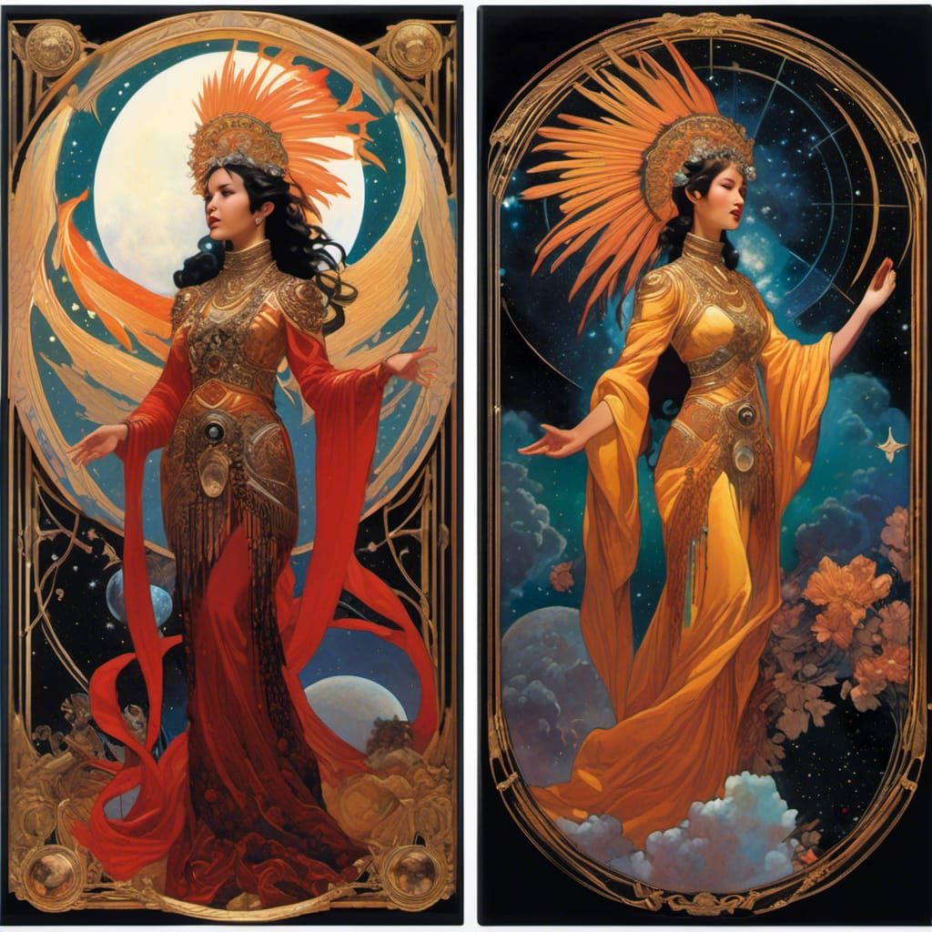 Diptych: Native Woman in Celestial Dark Fantasy Art
