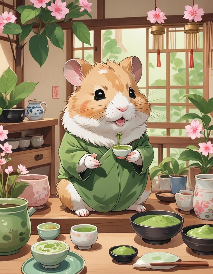 Kawaii Matcha Hamster in Japanese Anime Style