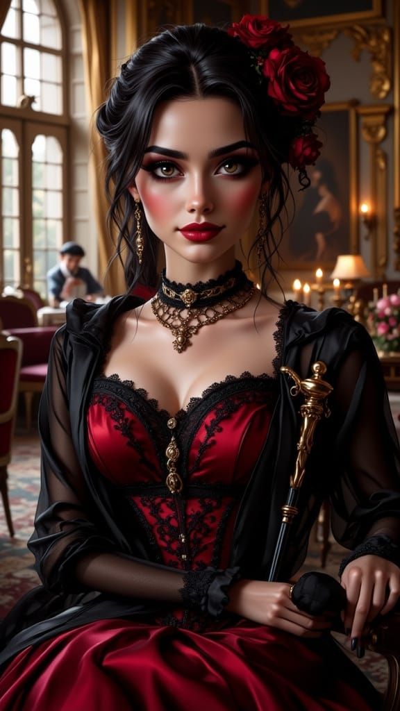 Rococo Beauty in Opulent Interior Portrait