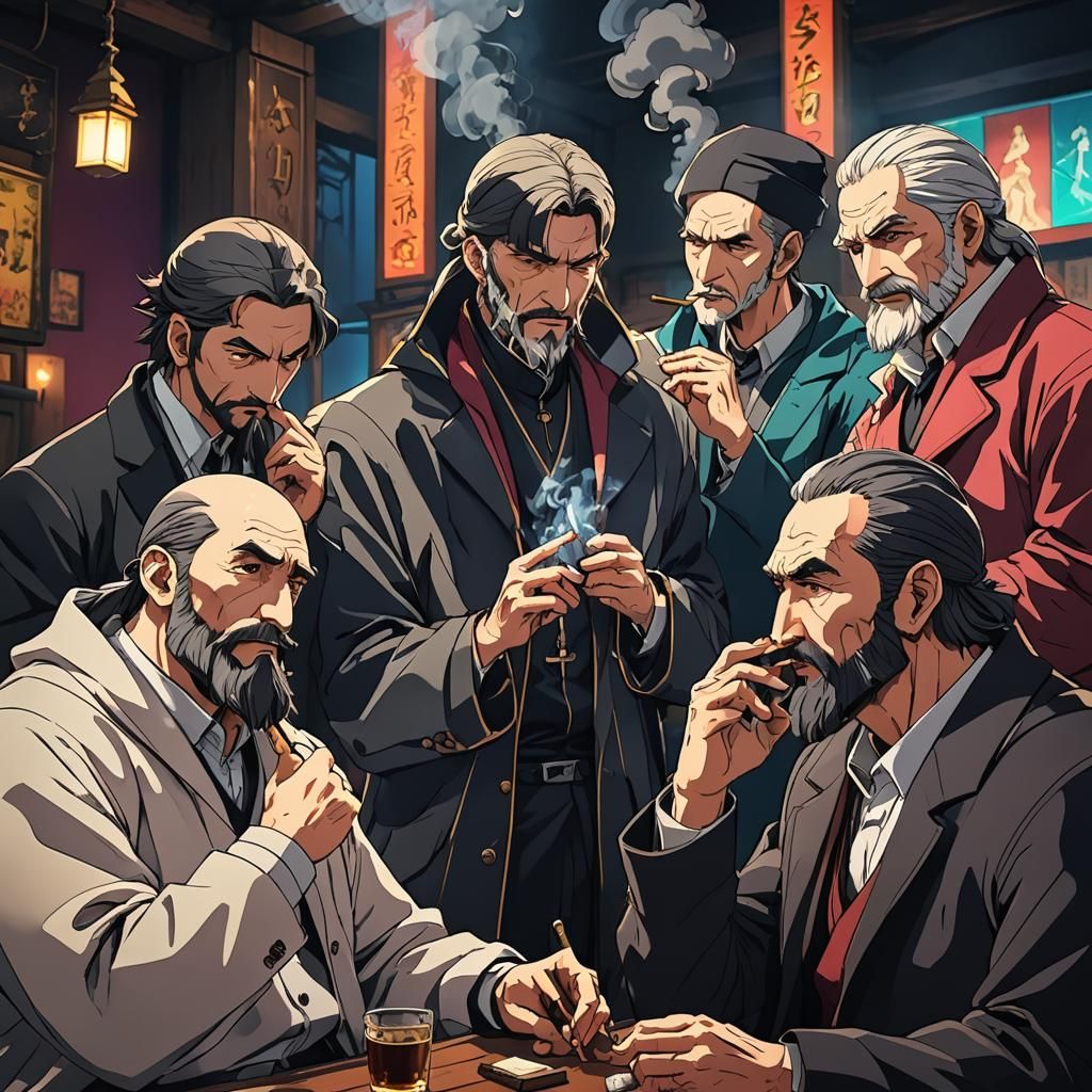 Anime-Style Orthodox Men Smoking Cigars