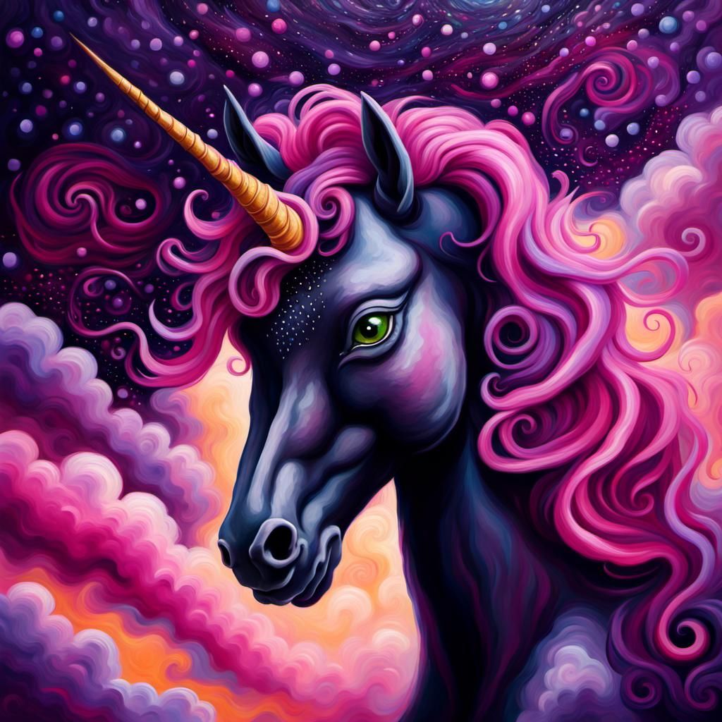 Black Unicorn with Magenta Mane in Surrealist Style