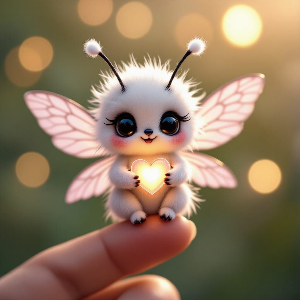 Fluffy Insect Fairy with Glowing Heart Macro Photograph