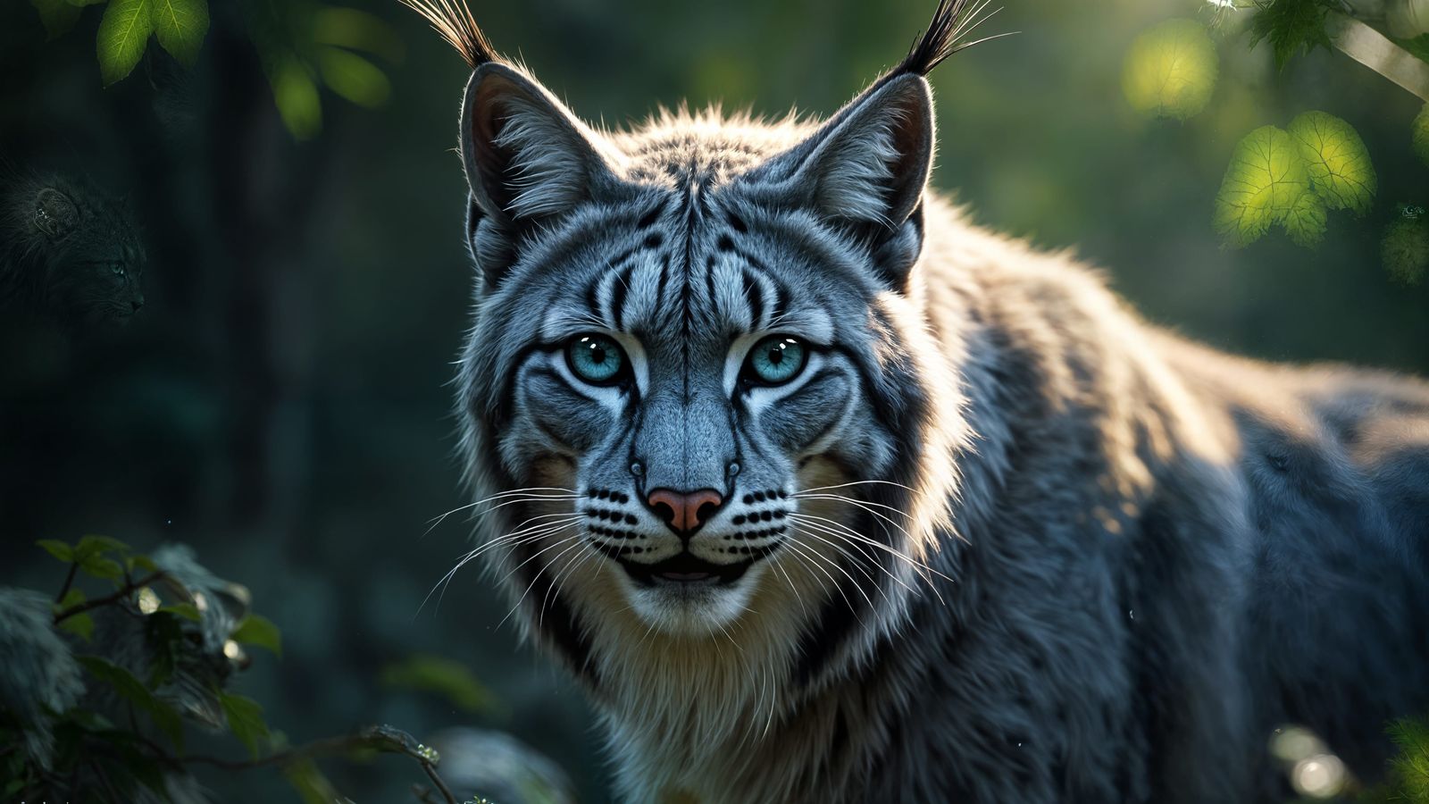 Magnificent Grey White Lynx with Blue Eyes in Dark Fantasy A...