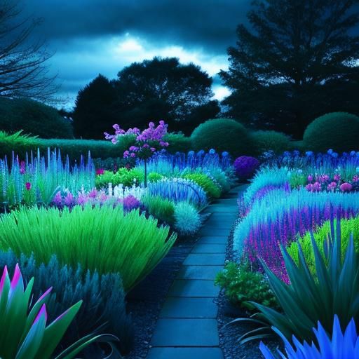 Neon Blue Garden Scenery: Moody and Cool