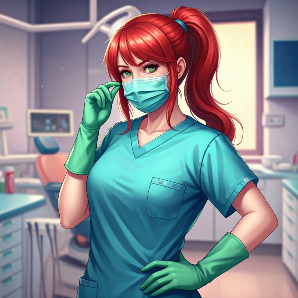 Anime-Style Dentist with Red Ponytail in Office
