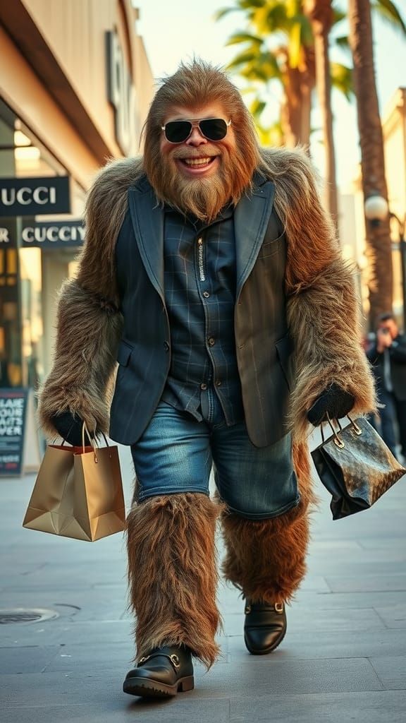 Sasquatch as Hollywood Celebrity on Shopping Spree