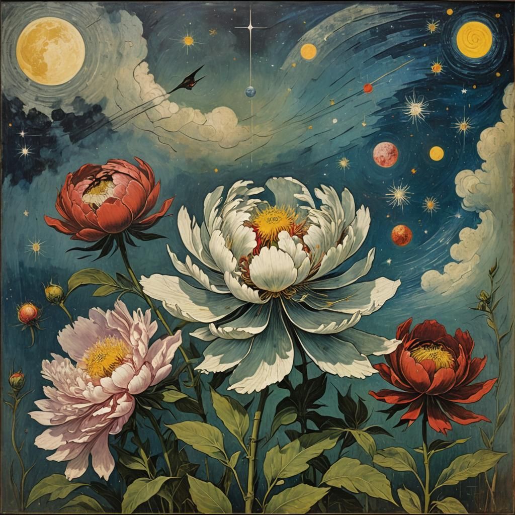 Surreal Peony Surviving Storm in Encaustic Painting