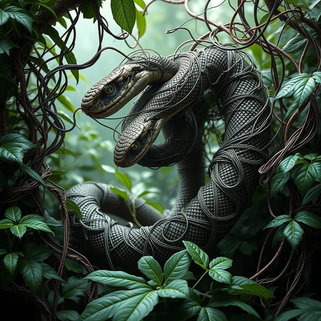 Biomechanical Snake Coiled in Jungle Foliage