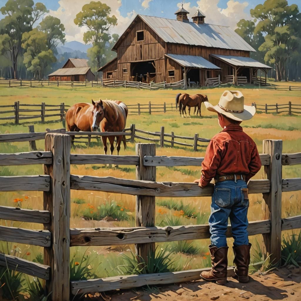 Cowboy Toddler and Horse: Oil Painting