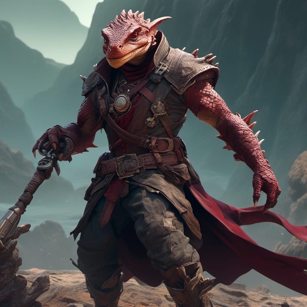 Burgundy Lizard-Man Gunslinger Fantasy Concept Art