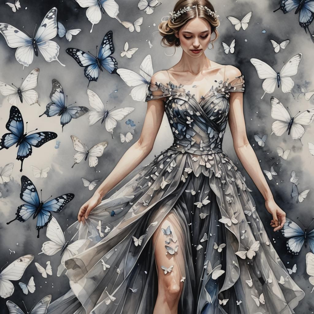 Watercolor Butterfly Wing Dress with Charcoal Details