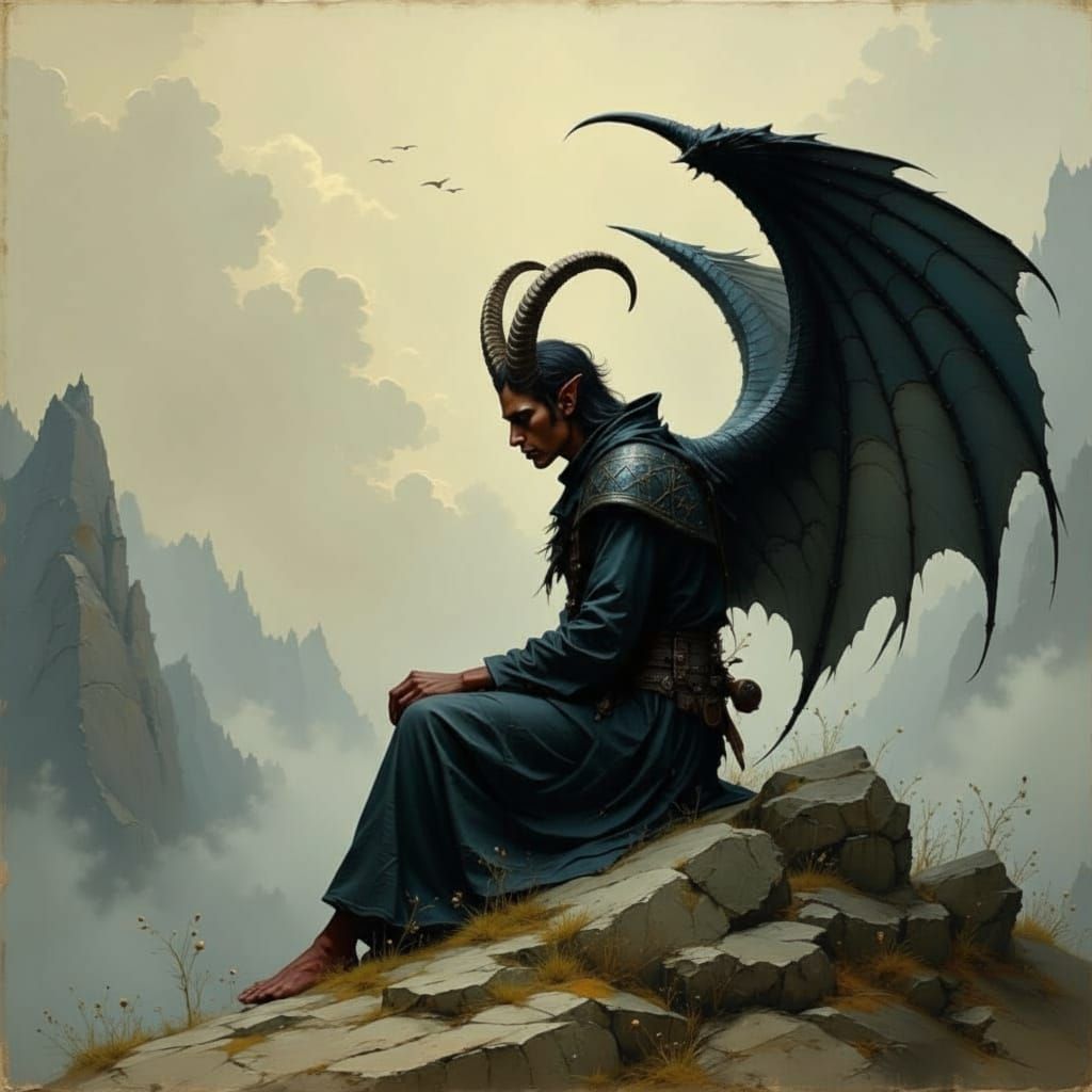 Tiefling Contemplates Life on Mountaintop in Dreamlike Style