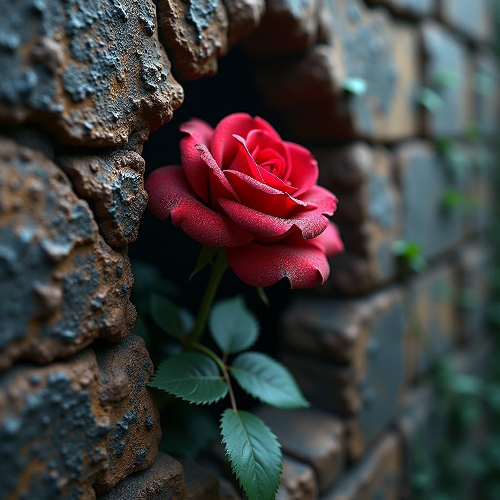 Crimson Rose Emerges from Ancient Wall