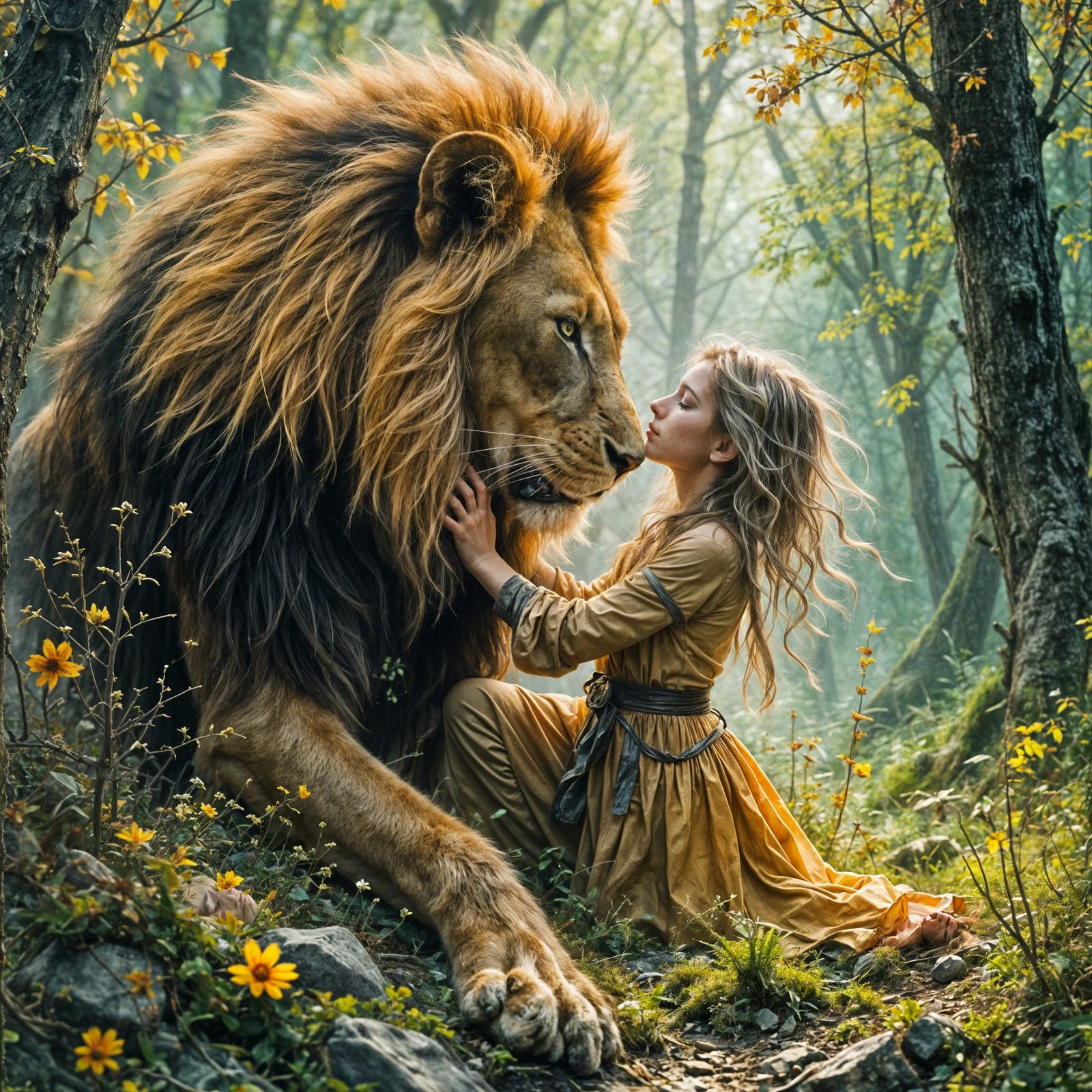 Child and Lion Embrace in Mystical Forest