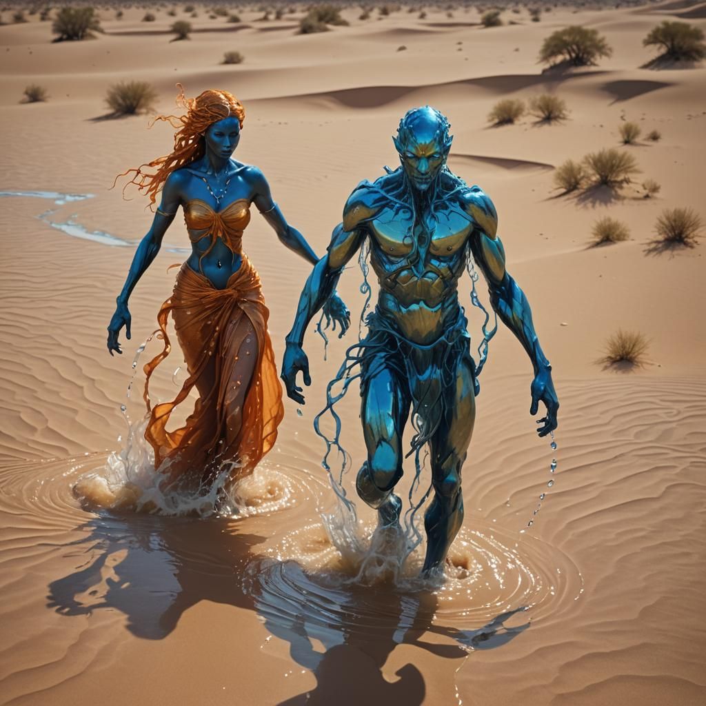 Water Elemental Walks in the Desert: Fantasy Concept Art