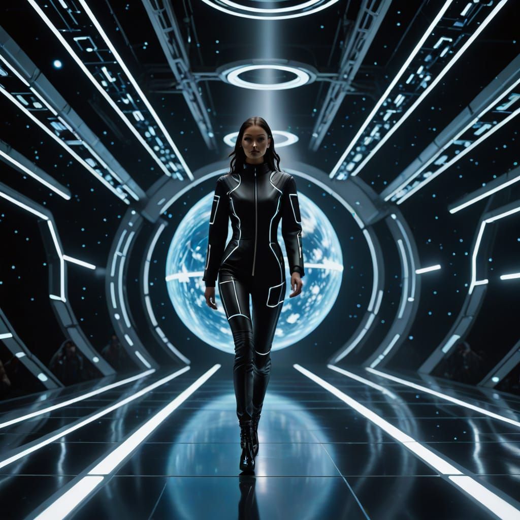 Cyberpunk Fashion Model Walks Virtual Runway in Space