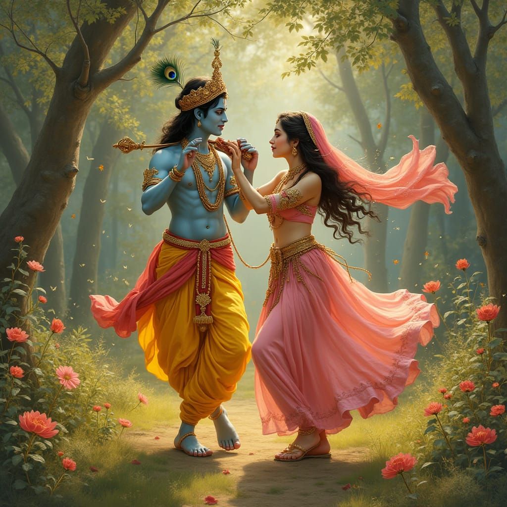 Krishna Plays Enchanting Flute, Surrounded by Radha and Indi...