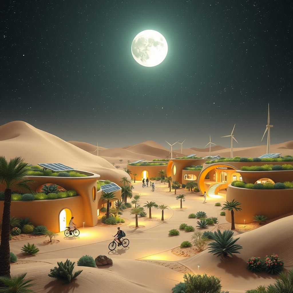 Sustainable Futuristic Oasis in the Desert Night
