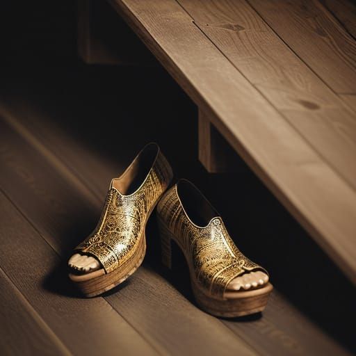 Intricately Detailed Wooden Clogs in Moody Lighting