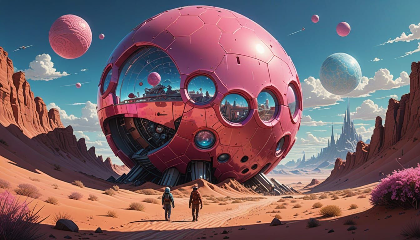 Floating Mechanical Marvel in a Vibrant Desert Paradise