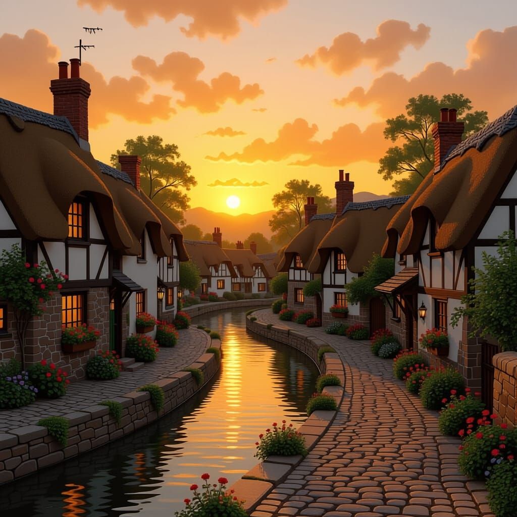 Picturesque Village Sunset in Painterly Style