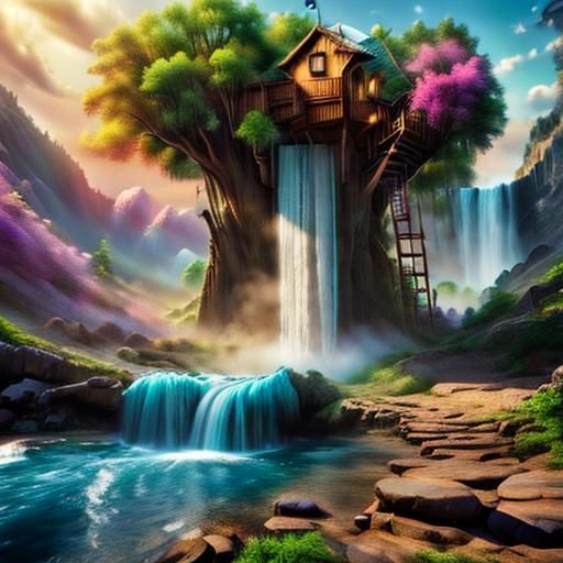 Beach Treehouse with Waterfall in Watercolor Style