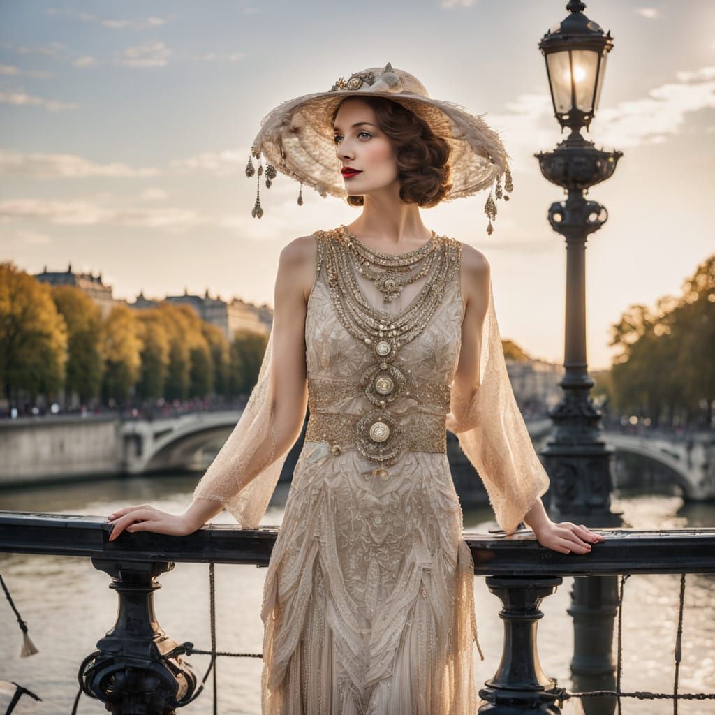 Elegant Woman on Pont des Arts in Luxurious Golden Accents