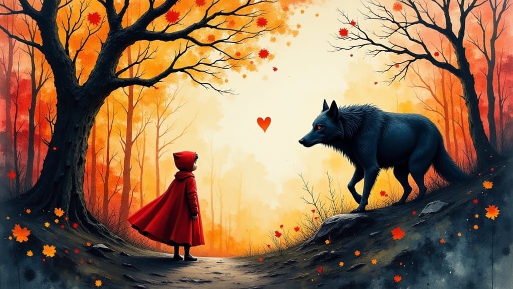 Big Bad Wolf Protects Little Red Riding Hood in Dreamlike Fo...