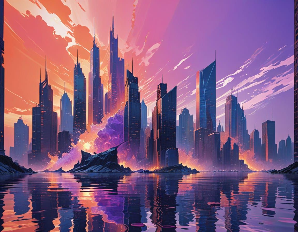 Futuristic Cityscape Reflection in Splash Art Style