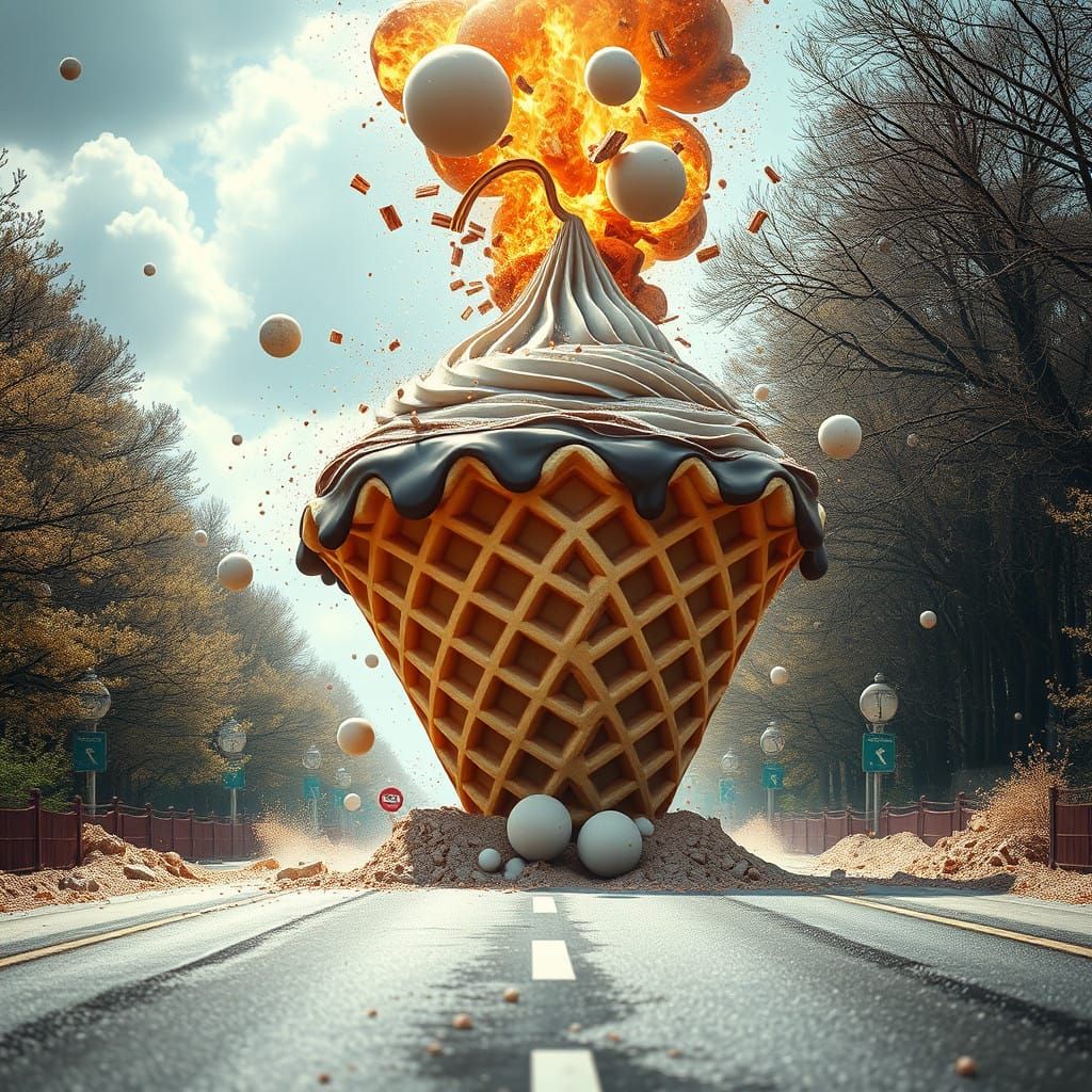Surreal Giant Waffle Cone in Epic Digital Landscape