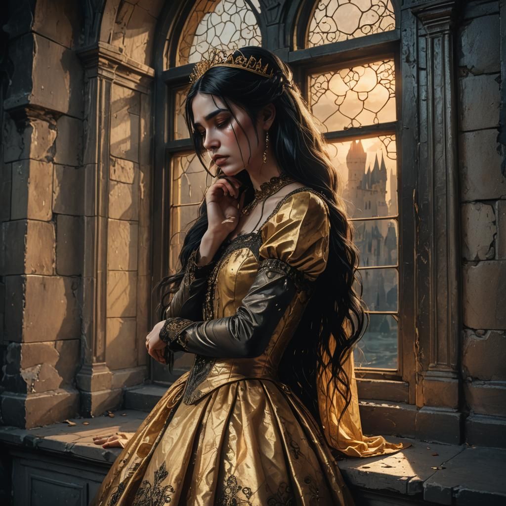 Sad Princess in Dark Castle: Fantasy Illustration