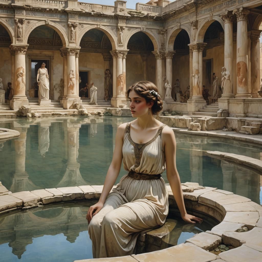 Girl by Bathing Pool in Vintage Style
