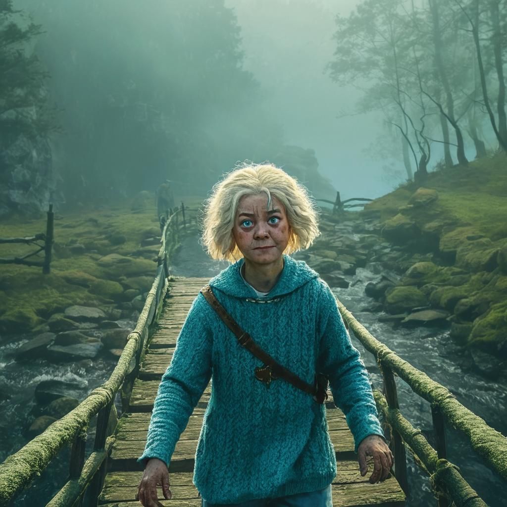 Peasant Crossing Misty Bridge in Medieval Fantasy