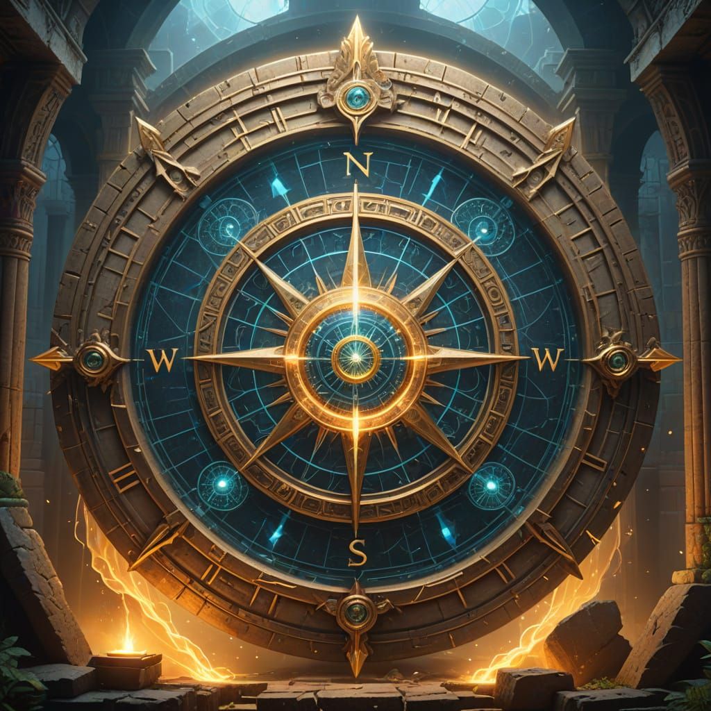Magical Compass on Ancient Ruins in Fantasy Art Style
