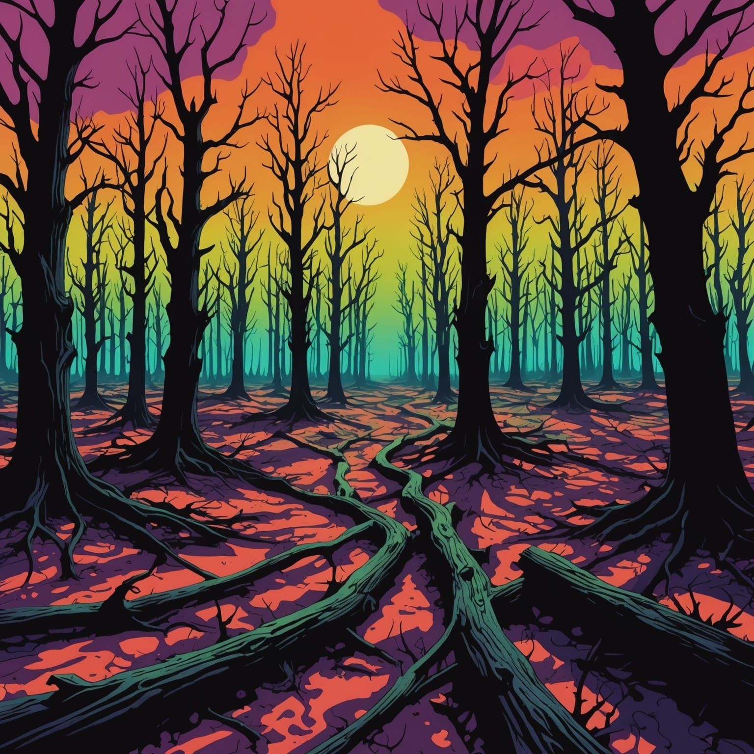 Psychedelic Horror Landscape with Dead Trees and Shadows