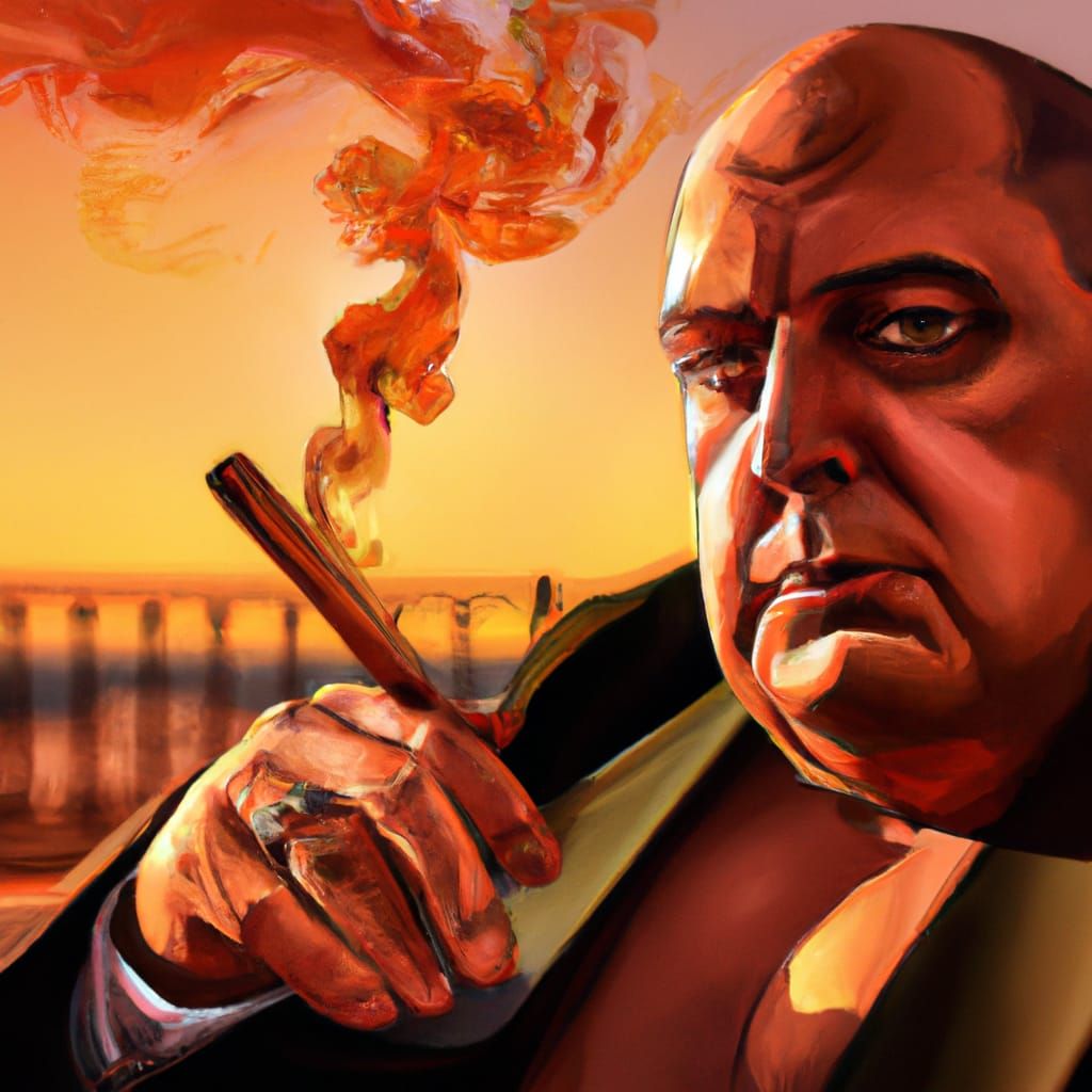 Sinister Portrait of Man Smoking Cigar, Hyperdetailed Art