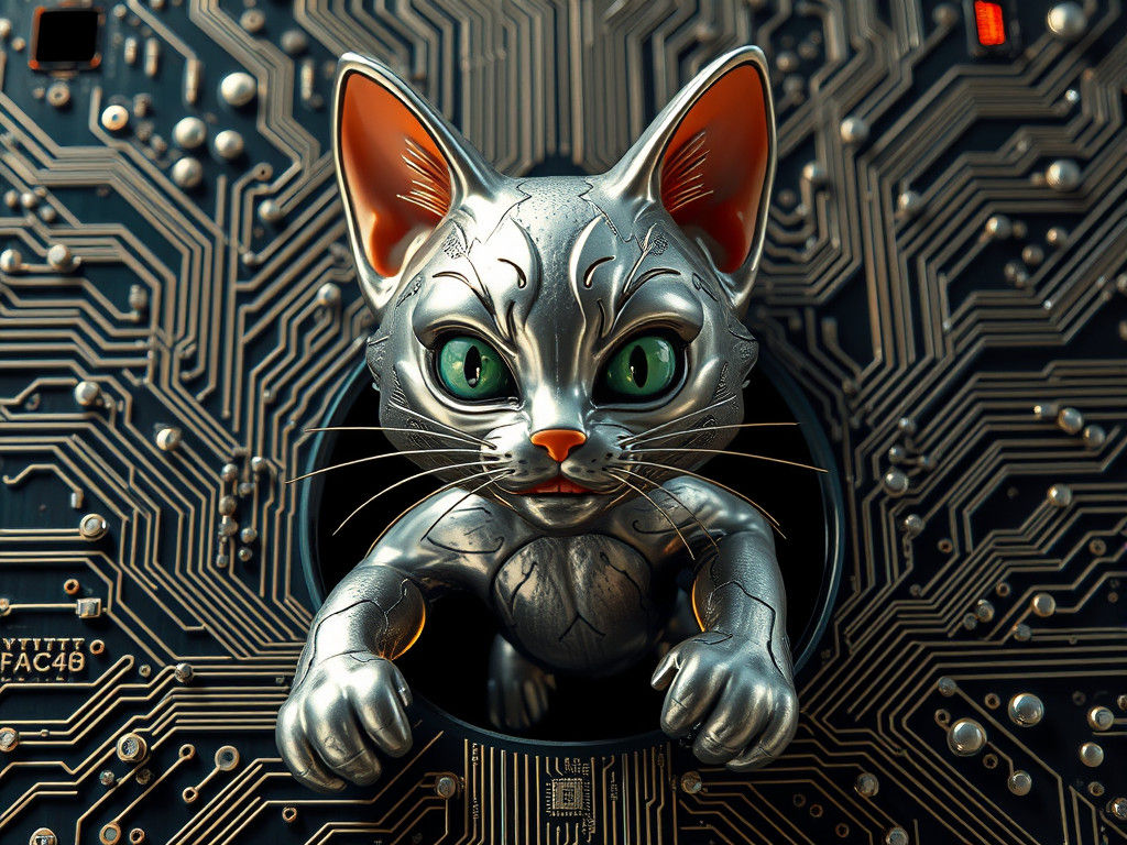 Tom Cat Figurine Merged with Circuit Board: Photorealistic A...