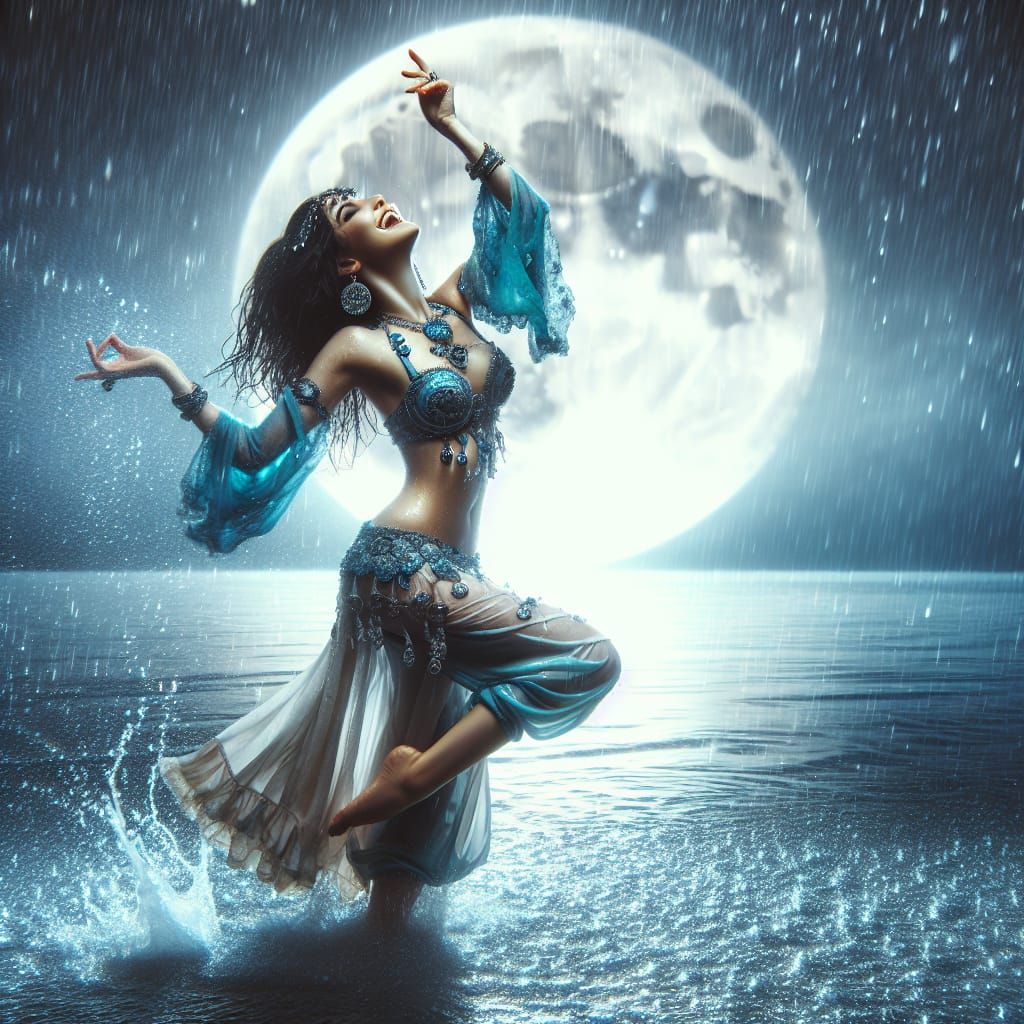 Water Nymph Dancing Under the Moonlight Rain