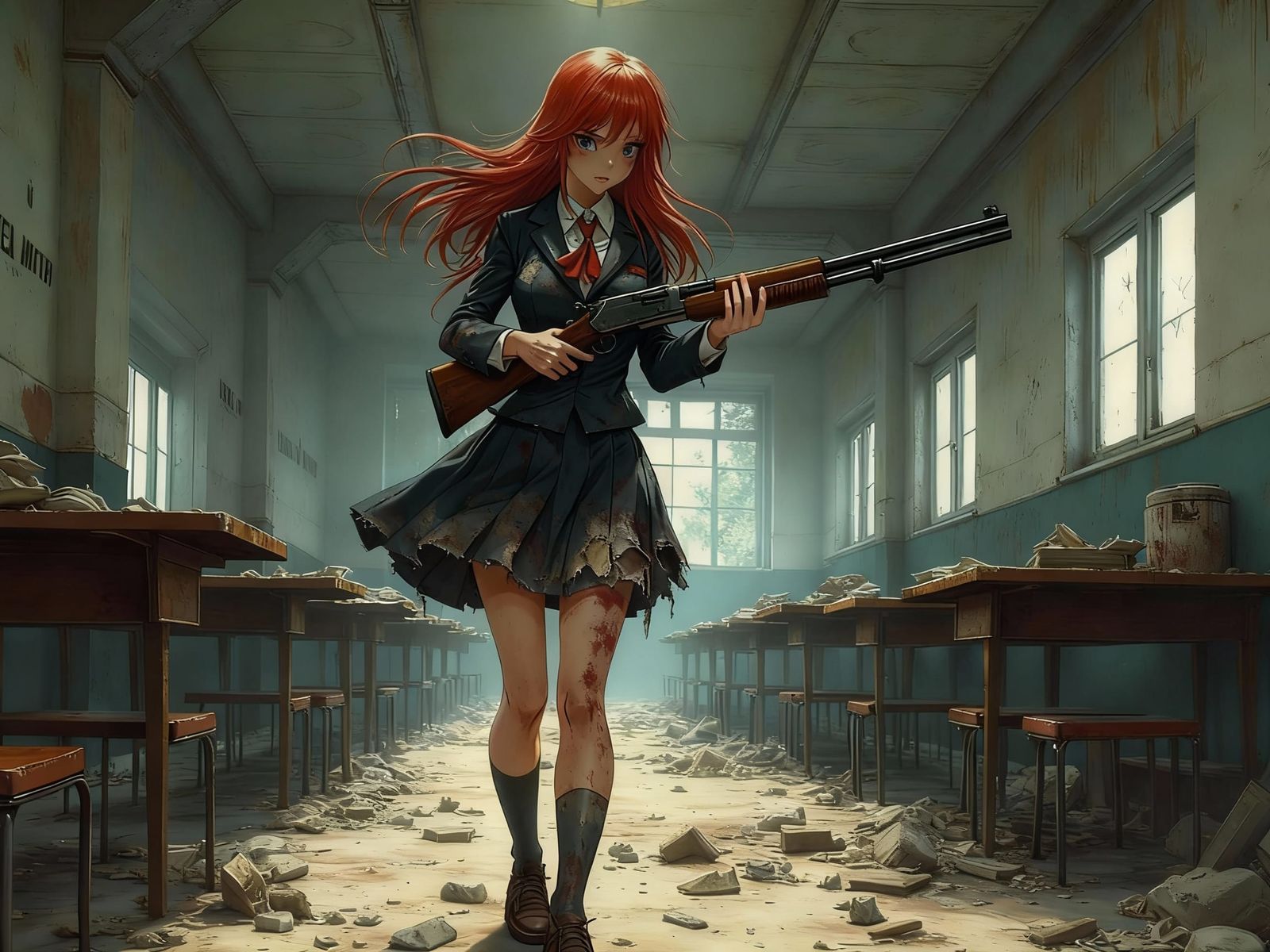 Post-Apocalyptic Schoolgirl with Shotgun in Anime Style